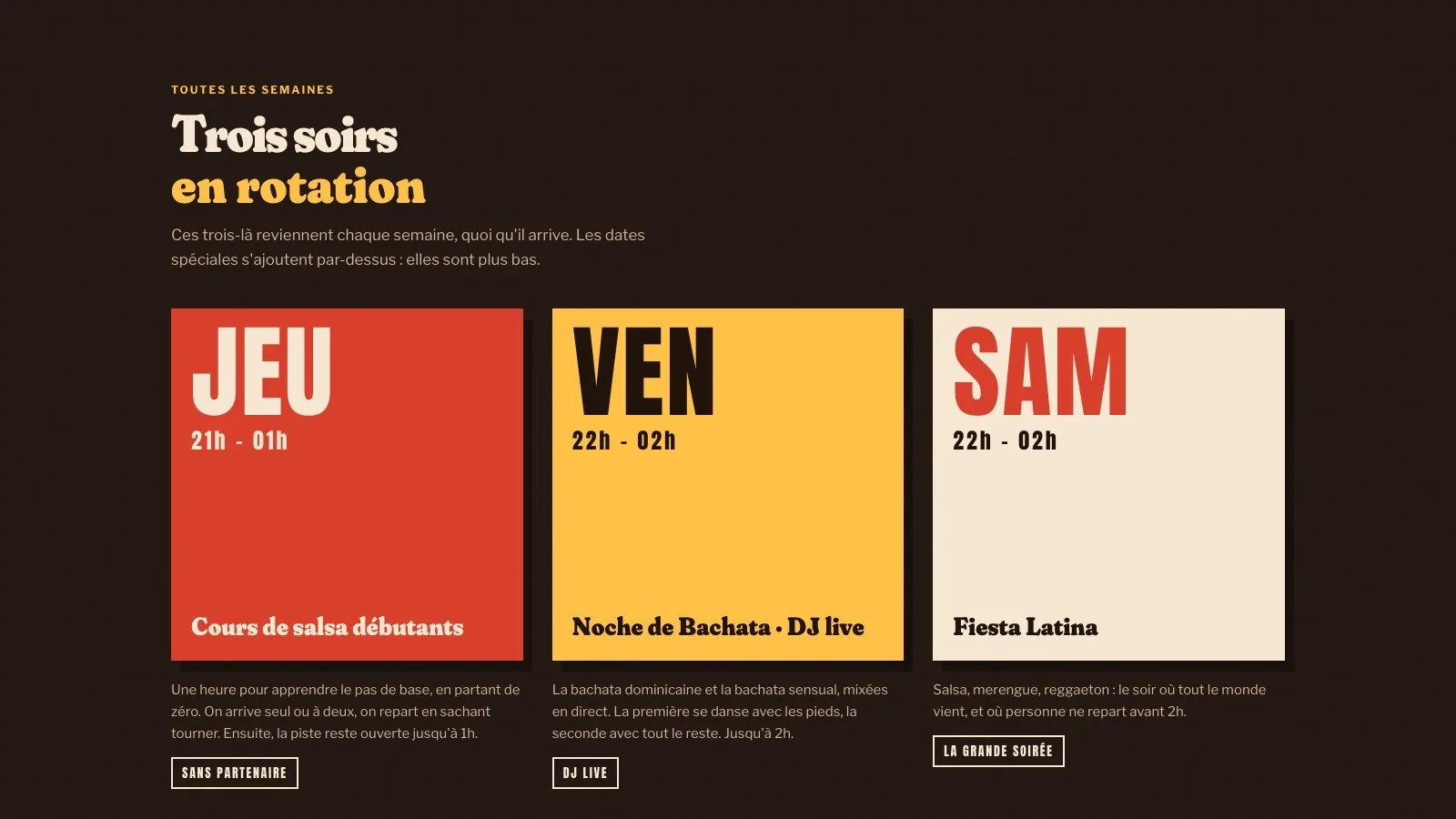 Page des soirées du Cartagena : les trois soirs de la semaine, jeudi, vendredi et samedi.